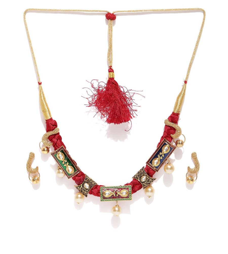 YouBella Red  Gold-Toned Stone-Studded Beaded Jewellery Set